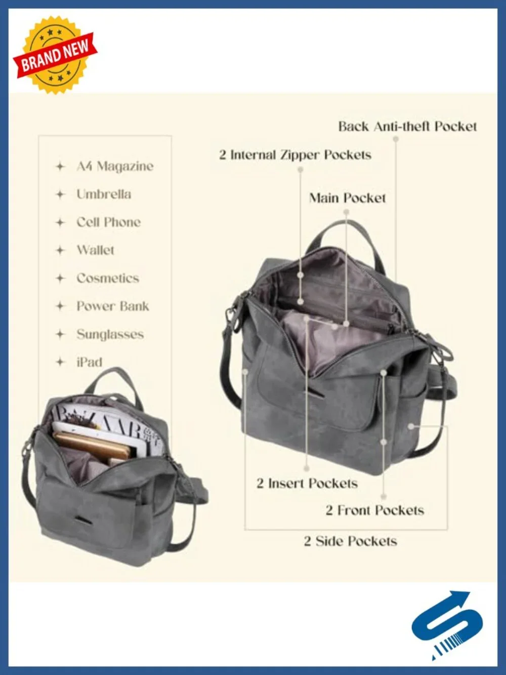 Women's Small Leather Backpack Purse Anti-theft Waterproof 3-in-1 Convertible